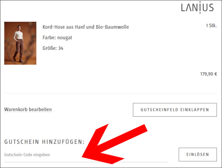 Den Code hier eingeben LANIUS Gutschein im letzten Bestellschritt einlösen