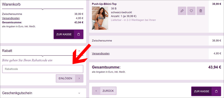 Gib deinen Gutscheincode hier ein Deinen Lascana Gutschein löst du im Warenkorb ein