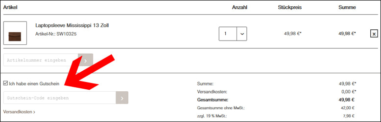 Den LEABAGS Gutschein im Warenkorb eingeben Einen LEABAGS Gutscheincode im Warenkorb einlösen