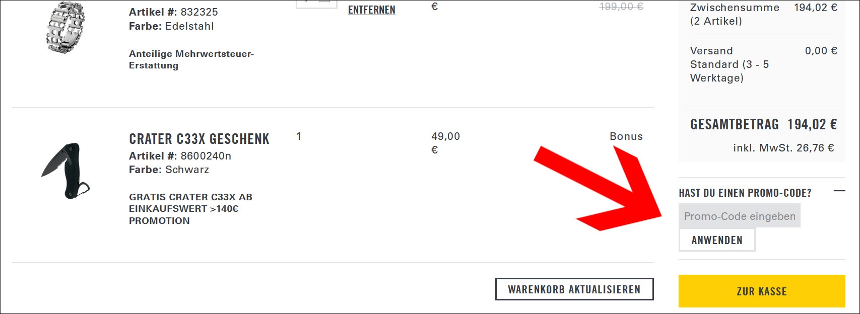 Ein Leatherman Coupon wird im Warenkorb eingegeben Ein Leatherman Gutschein wird im Warenkorb eingelöst