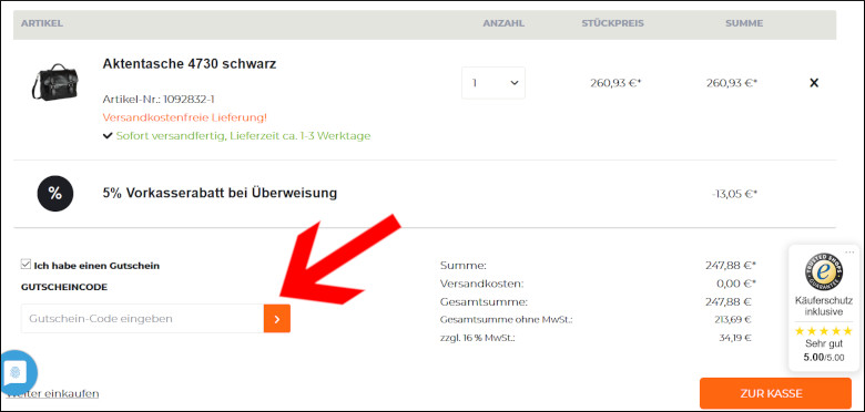Ein lederoase Gutscheincode wird im Warenkorb eingelöst Ein lederoase Gutschein wird im Warenkorb eingegeben