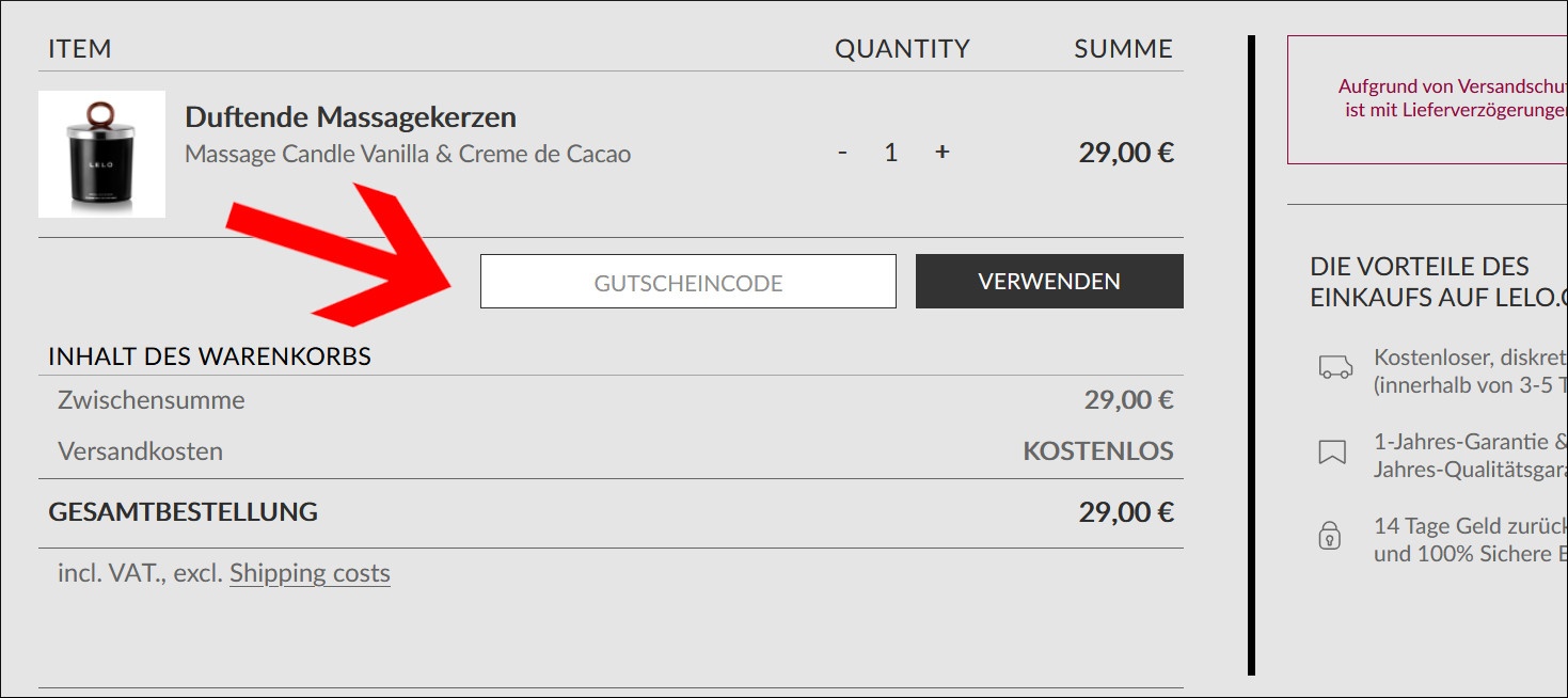 Im LELO Onlineshop wird ein Coupon im Warenkorb eingegeben Im LELO Onlineshop wird ein Gutschein im Warenkorb eingelöst