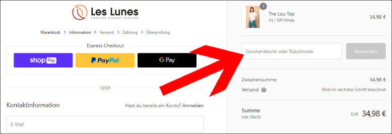 Den Code hier eingeben Les Lunes Code im ersten Bestellschritt anwenden