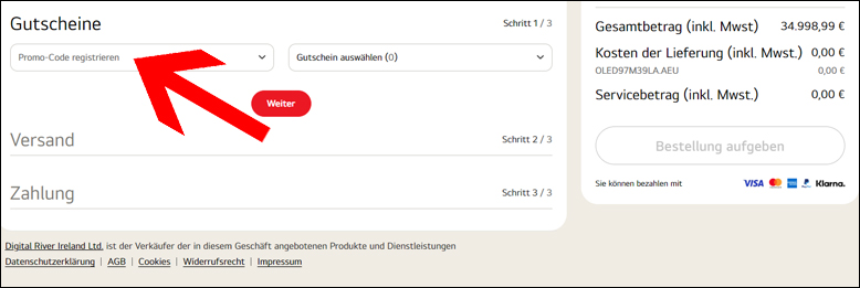 Die Aktion im Laufe der Bestellung einlösen Den LG Gutschein im Laufe der Bestellung einlösen