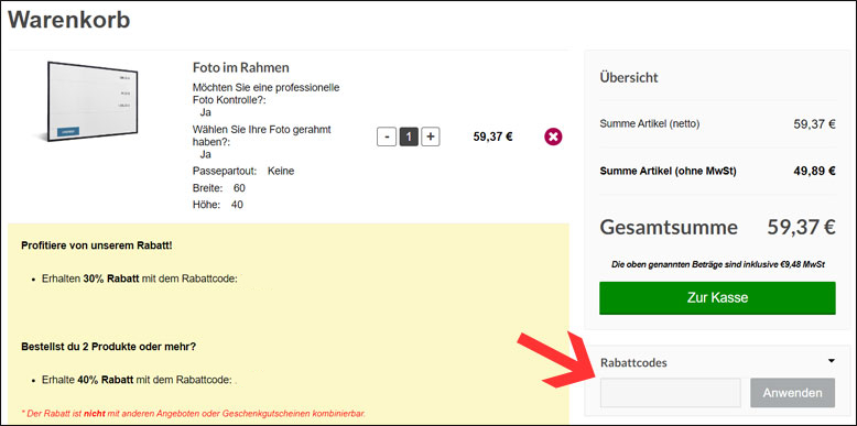 Code im Warenkorb eingeben Lieblingsfoto Rabattcode im Warenkorb einfügen