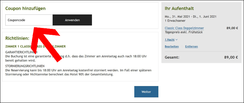 Hier kannst du deinen Code eingeben Den Lindner Hotels Gutschein im Bestellprozess eingeben