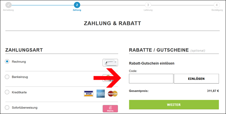 Hier den LinsenPlatz Gutscheincode angeben Einen LinsenPlatz Gutschein im Checkout einlösen