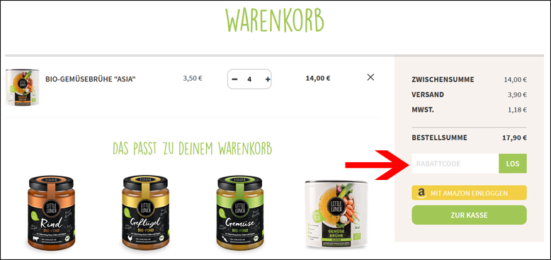 Der Rabattcode kann im Warenkorb eingelöst werden Den Little Lunch Gutschein im Warenkorb aktivieren