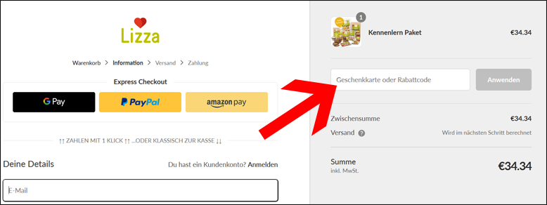 Im zweiten Bestellschritt den Lizza Rabattcode eingeben Einen Lizza Gutschein im Bestellprozess einlösen