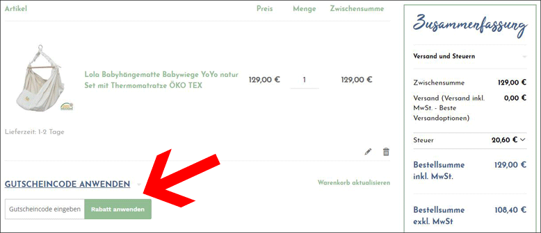 Den Lola Hängematten Gutschein im Warenkorb einlösen