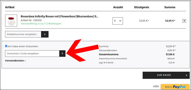Gutscheincode hier eingeben LOVE Flowerbox Gutschein im Warenkorb einlösen