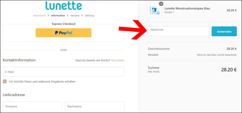 Gutscheincode hier eingeben Lunette Rabattcode im ersten Bestellschritt eintragen
