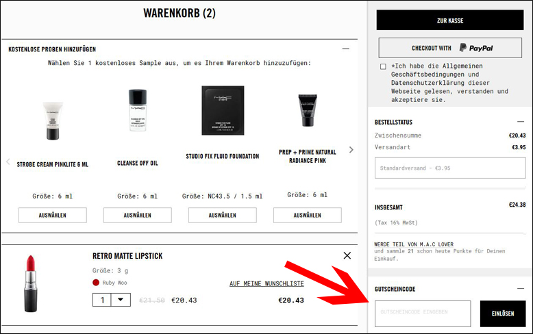 Hier kannst du deinen MAC Gutscheincode verwenden Füge im Warenkorb deinen MAC Gutscheincode ein.