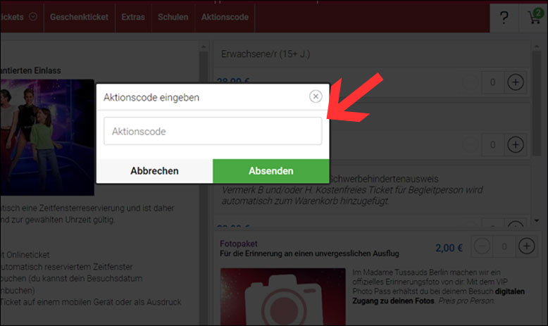 Code im Bestellprozess eingeben Madame Tussauds Berlin Gutschein im Bestellprozess einfügen