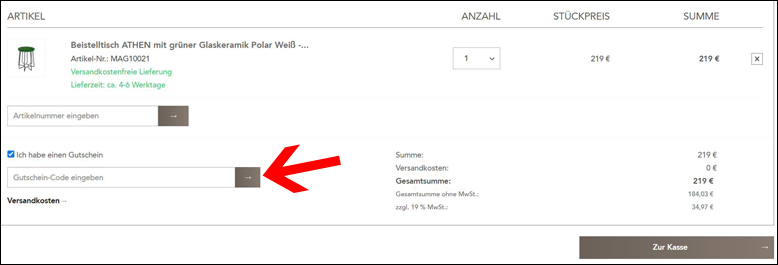 Gutscheincode hier eintragen Magna-Atelier Gutschein im Warenkorb einlösen