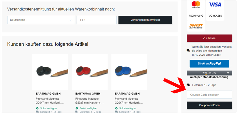 Code im Warenkorb einfügen Magnethandel Gutschein im Warenkorb eingeben