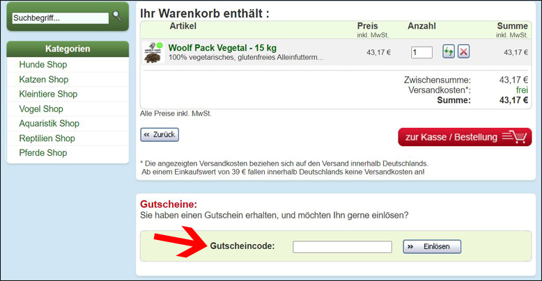 Der Rabattcode von Main Zoo wird nach Anmeldung im Warenkorb eingegeben Nach der Anmeldung den Main Zoo Gutschein im Warenkorb einlösen