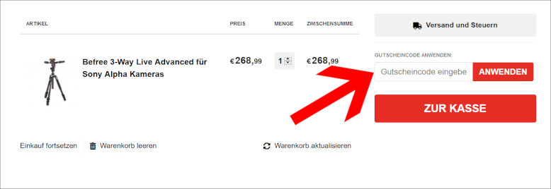 Deinen Manfrotto Gutscheincode nutzt du im Warenkorb Den Manfrotto Gutschein im Warenkorb einlösen