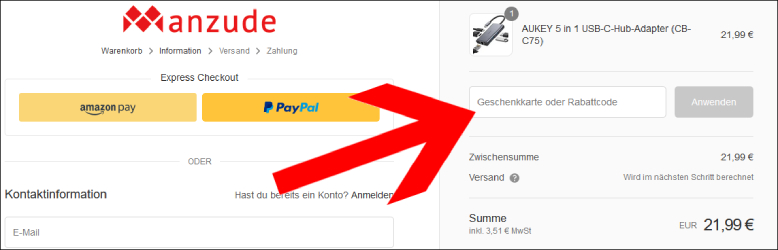 Code hier einlösen Manzude Rabattcode im ersten Bestellschritt anwenden