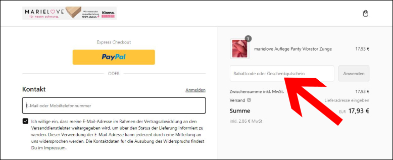 Gutschein im Warenkorb anwenden Den Marielove Gutschein im Warenkorb einlösen