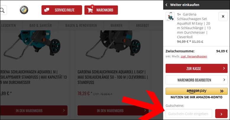 Gutscheincode hier einlösen markenbaumarkt25 Gutschein im Warenkorn einlösen