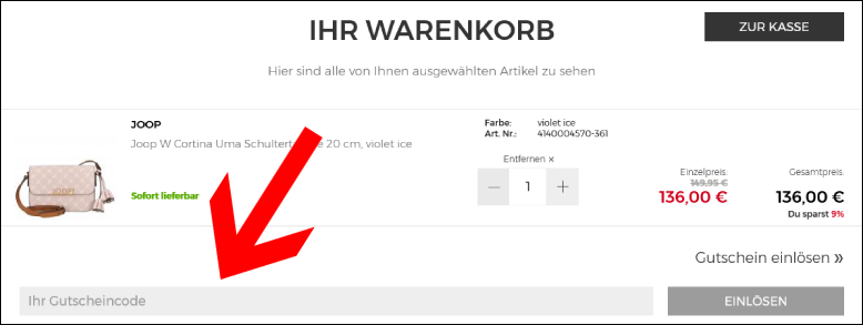 Deinen Markenkoffer Rabattcode löst du im Warenkorb ein So verwendest du deinen Markenkoffer Gutschein im Warenkorb