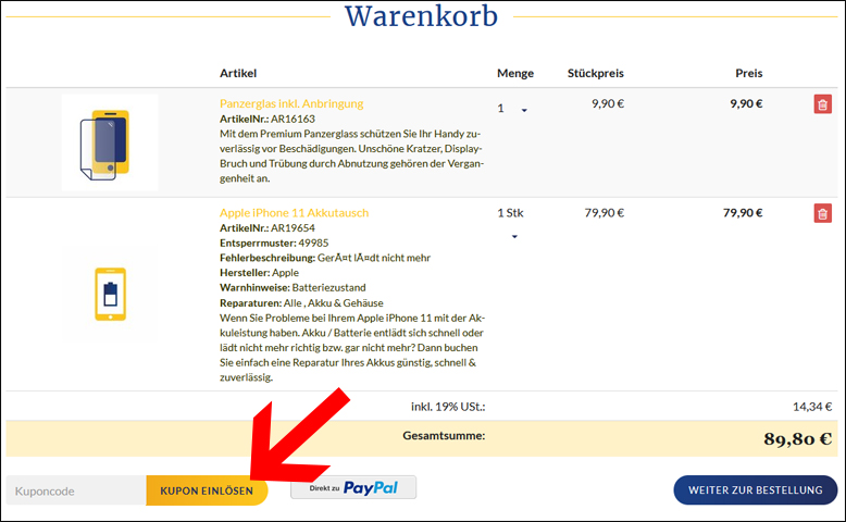 Gutscheincode hier einlösen McRepair Gutschein im Warenkorb einlösen