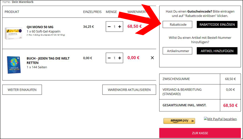 Rabattcode hier eingeben MEDICOM Gutschein im Warenkorb einlösen