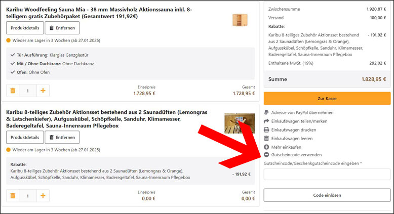 Im Einkaufswagen den Mein Saunashop Gutscheincode einlösen Den Mein Saunashop Gutschein im Einkaufswagen einlösen