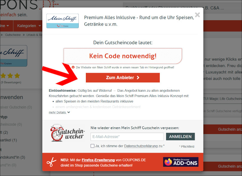 Lass dich über deinen Gutschein zum MeinSchiff Rabatt weiterleiten Über den MeinSchiff Gutschein zur Aktion weiterleiten lassen