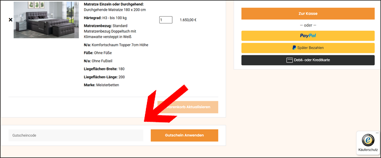Code im Warenkorb eingeben Meisterbetten Gutschein im Warenkorb einfügen