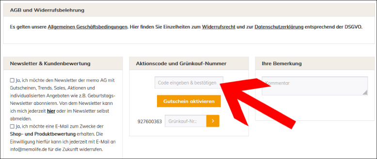 Den Code hier einlösen memolife Gutschein im letzten Bestellschritt anwenden