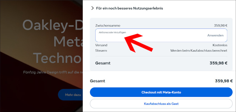 Löse deinen Rabatt im Warenkorb ein Meta Quest Gutschein im Warenkorb einlösen