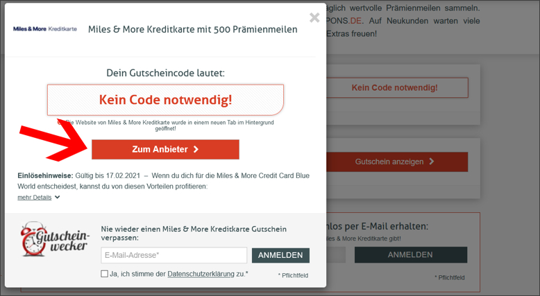 Den Miles and More Kreditkarte Gutschein ganz einfach aktivieren Die Miles and More Kreditkarte Aktion mit einem Klick auf den Gutschein erreichen