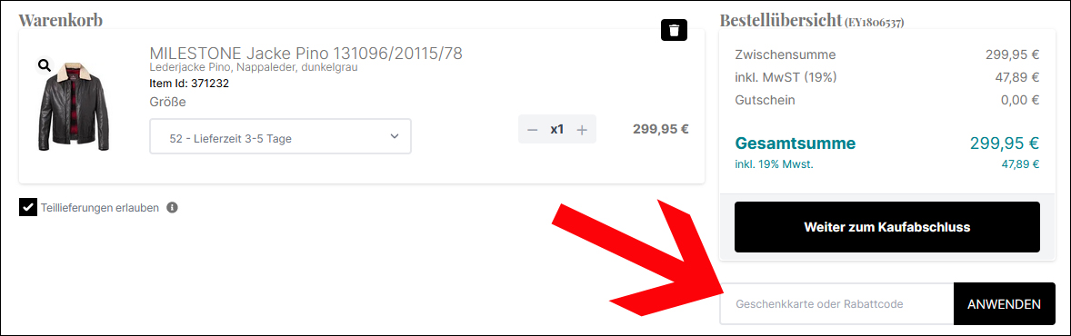 Geschenkkarte oder Rabattcode im Warenkorb einlösen Den Milestone Gutschein im Warenkorb einlösen