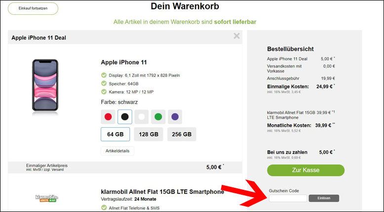Rabattcode hier eingeben modeo Gutschein im Warenkorb einlösen