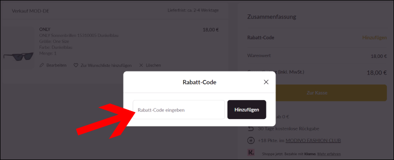 Rabattcode im Feld eingeben Modivo Gutschein im Warenkorb einlösen