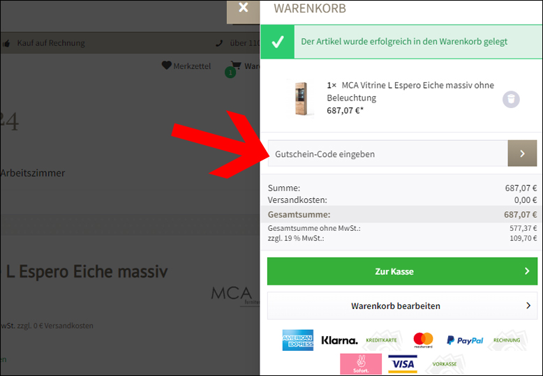 Gutschein im Warenkorb eingeben Den Möbeltraum24 Gutscheincode im Warenkorb einfügen