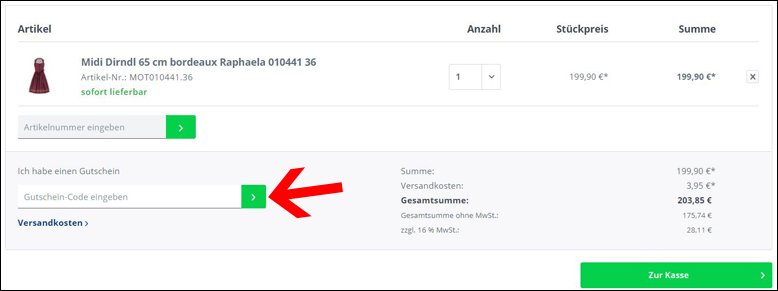 Gutscheincode hier eingeben MOSER Trachten Gutschein im Warenkorb einlösen