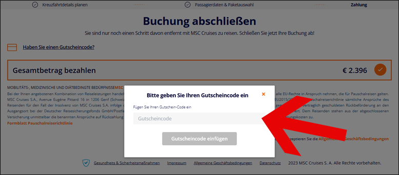 Gutscheincode hier eintragen MSC Gutschein einlösen