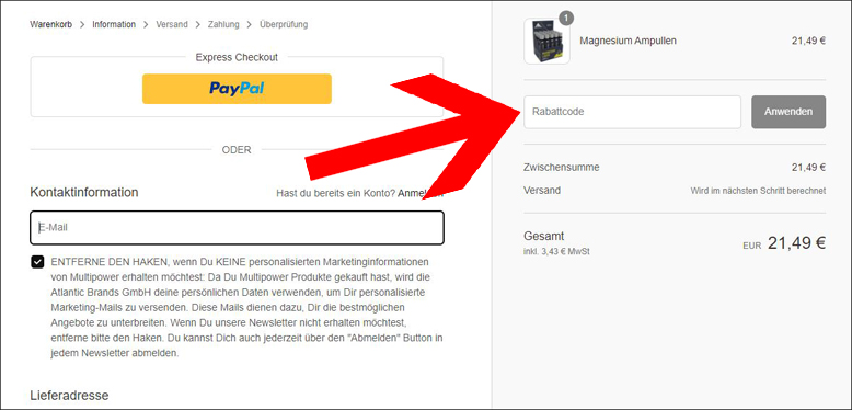 Rabattcode während des Bestellverlaufs einlösen Multipower Gutschein während des Bestellverlaufs einlösen