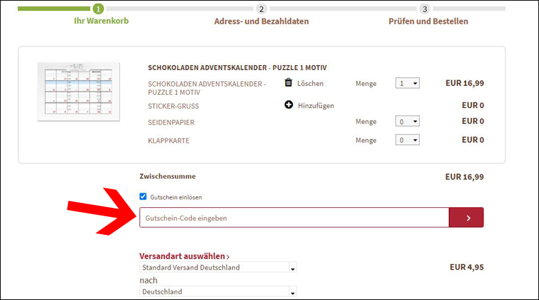Gutscheincode hier eingeben my SCHOKO WORLD Gutschein im Warenkorb einlösen