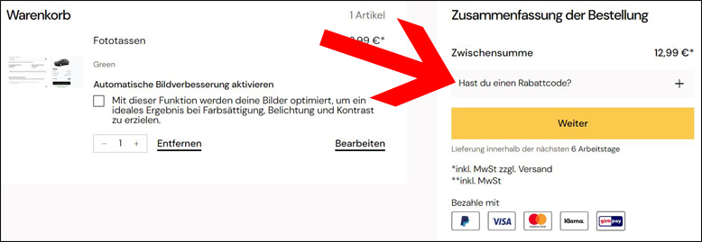 Den Gutscheincode im Warenkorb eingeben MyFUJIFILM Gutschein im Warenkorb einlösen