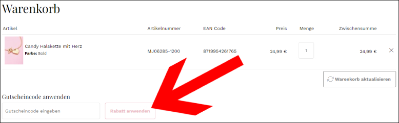 Den Code hier eingeben My Jewellery Rabattcode im Warenkorb anwenden