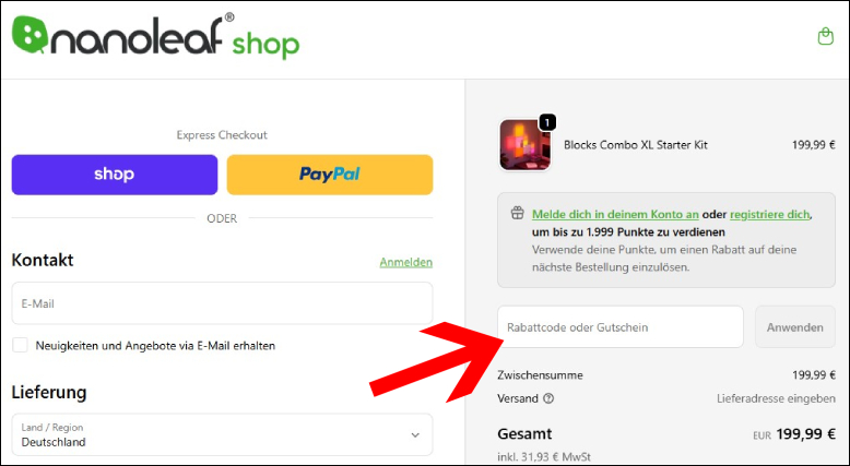 Den Nanoleaf Gutschein an der Kasse einlösen
