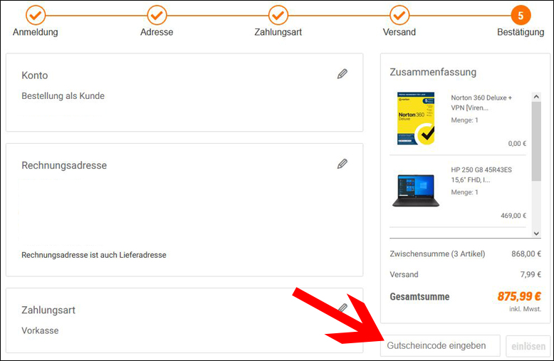 Deinen Gutscheincode löst du an der Kasse ein NBB Gutschein im letzten Bestellschritt einlösen