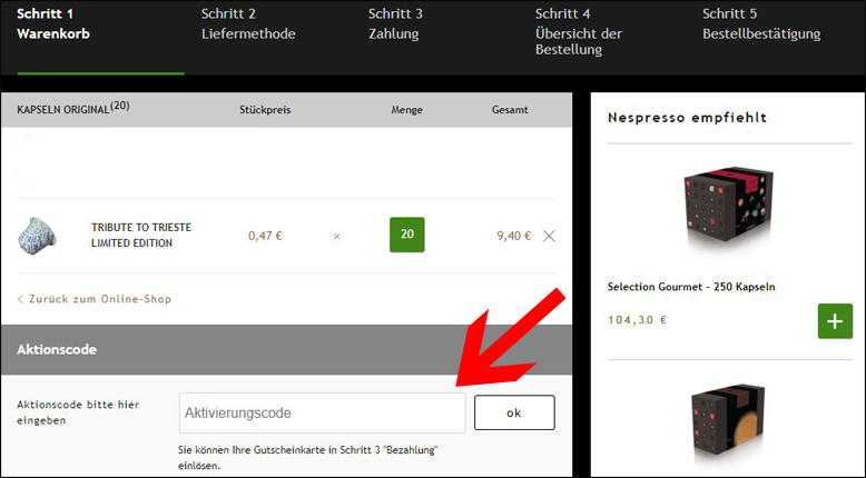 Gutscheincode nach der Anmeldung im Warenkorb eingeben Nespresso Gutschein nach der Anmeldung einlösen