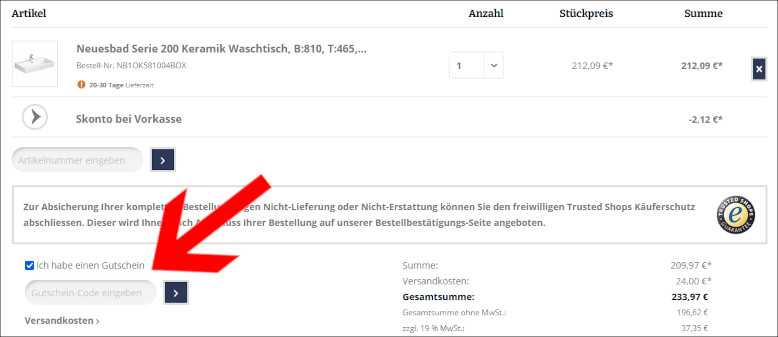 Neues Bad Gutschein eintragen Neuesbad Gutschein im Warenkorb einlösen