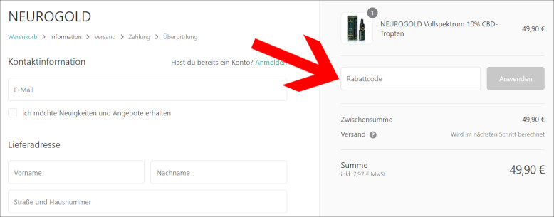 Einen Neurogold Gutschein löst du direkt an der Kasse ein Den Neurogold Rabattcode an der Kasse eingeben