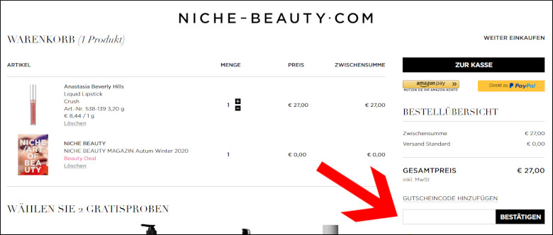 Dein Niche Beauty Code wird im Warenkorb eingegeben Dein Niche Beauty Gutschein wird im Warenkorb eingelöst